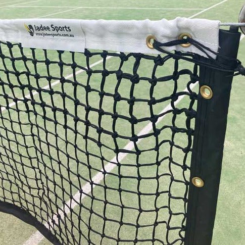Jadee International Tapered Hand Knotted Double Mesh Tennis Net Close Up View